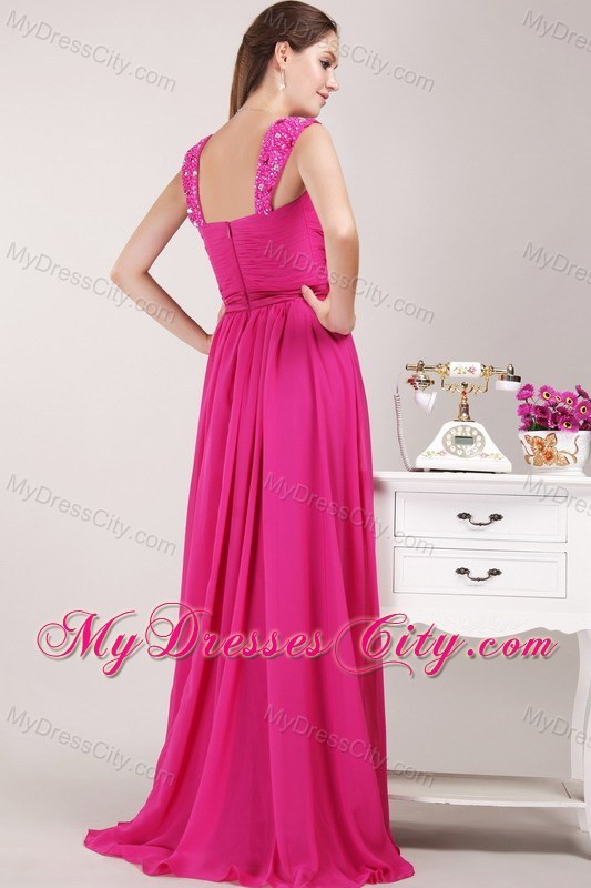 Fuchsia Straps Beading and Ruching Prom Pageant Dress