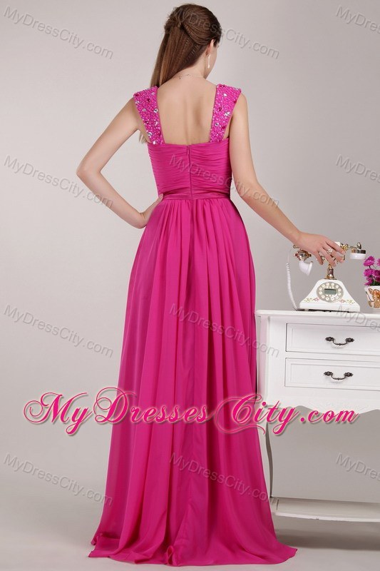 Fuchsia Straps Beading and Ruching Prom Pageant Dress