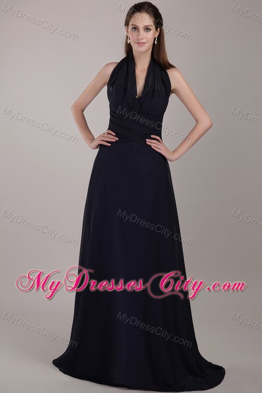 Halter Top Brush Train Ruched Chiffon Prom Dress