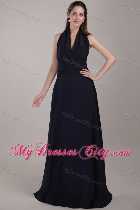 Halter Top Brush Train Ruched Chiffon Prom Dress