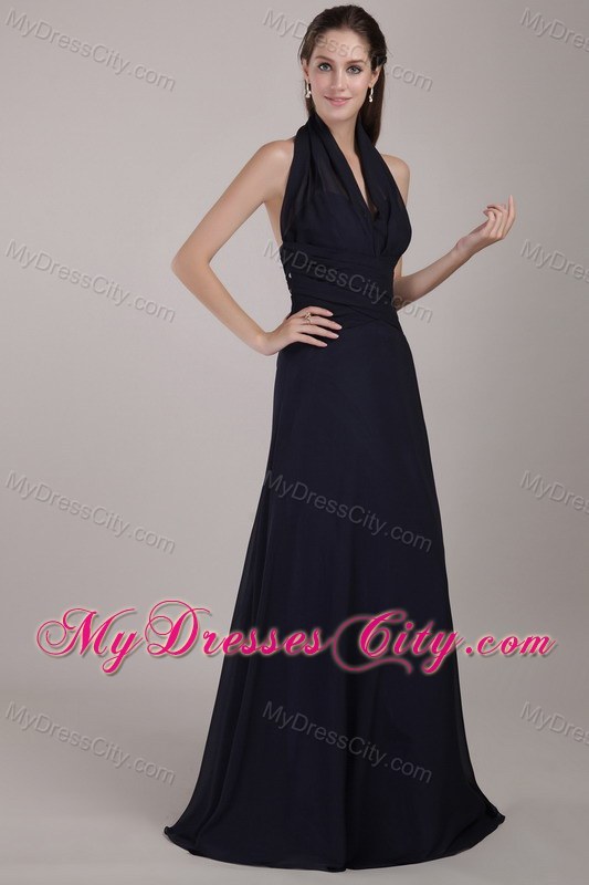 Halter Top Brush Train Ruched Chiffon Prom Dress