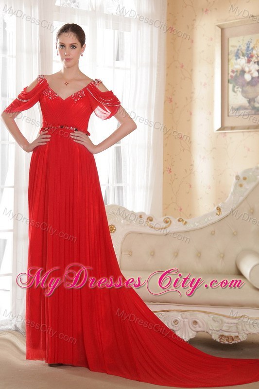 Red Empire V-neck Chiffon Beading Prom Dress with Train