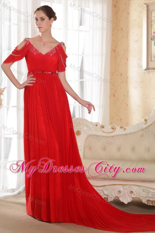 Red Empire V-neck Chiffon Beading Prom Dress with Train