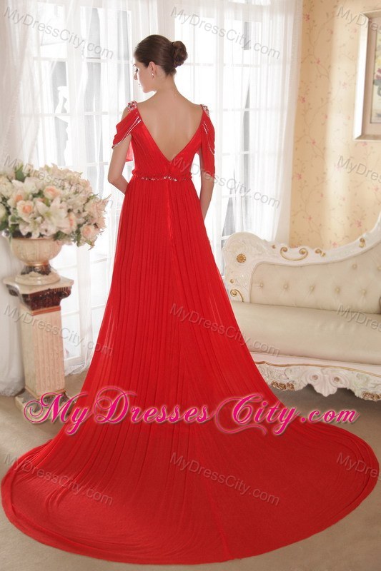 Red Empire V-neck Chiffon Beading Prom Dress with Train