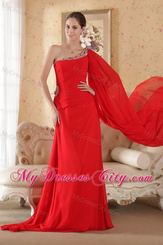 Beaded One Shoulder Red Prom Gown with Watteau Train