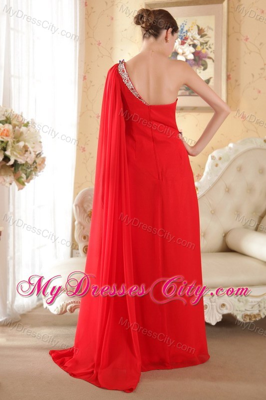 Beaded One Shoulder Red Prom Gown with Watteau Train