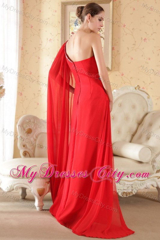 Beaded One Shoulder Red Prom Gown with Watteau Train