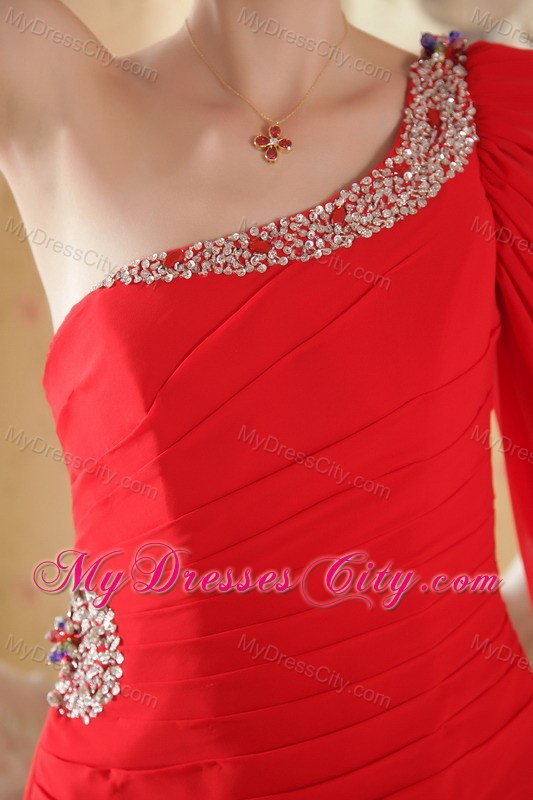 Beaded One Shoulder Red Prom Gown with Watteau Train