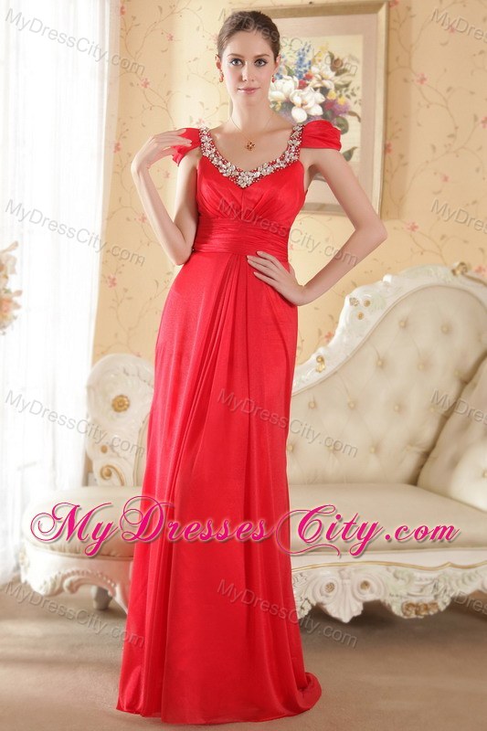 Red Scoop Chiffon Beaded Prom Dress with Cap sleeves