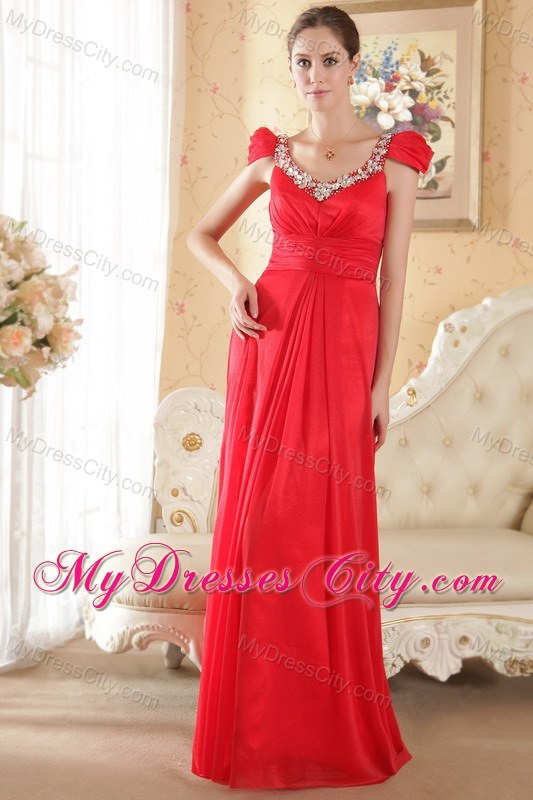 Red Scoop Chiffon Beaded Prom Dress with Cap sleeves