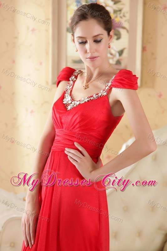 Red Scoop Chiffon Beaded Prom Dress with Cap sleeves