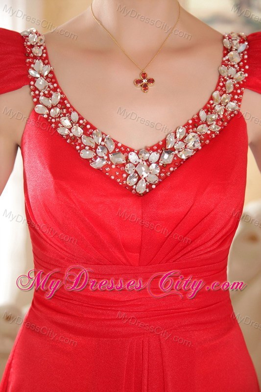 Red Scoop Chiffon Beaded Prom Dress with Cap sleeves