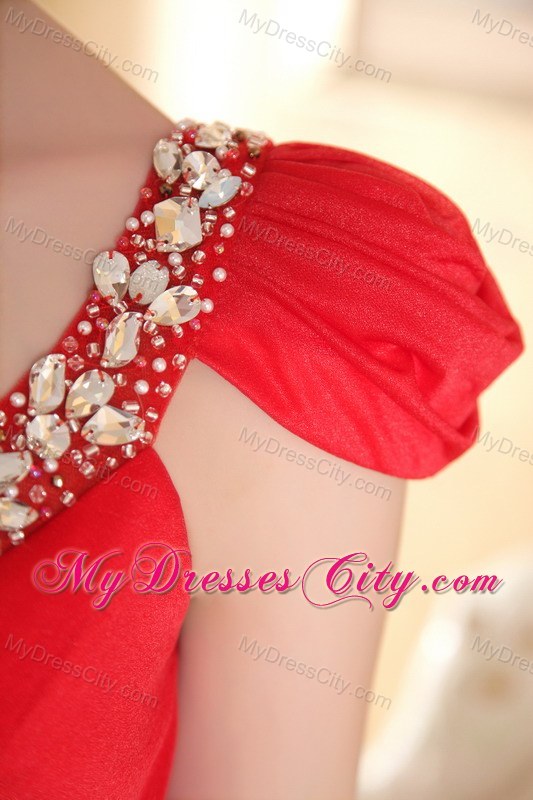 Red Scoop Chiffon Beaded Prom Dress with Cap sleeves