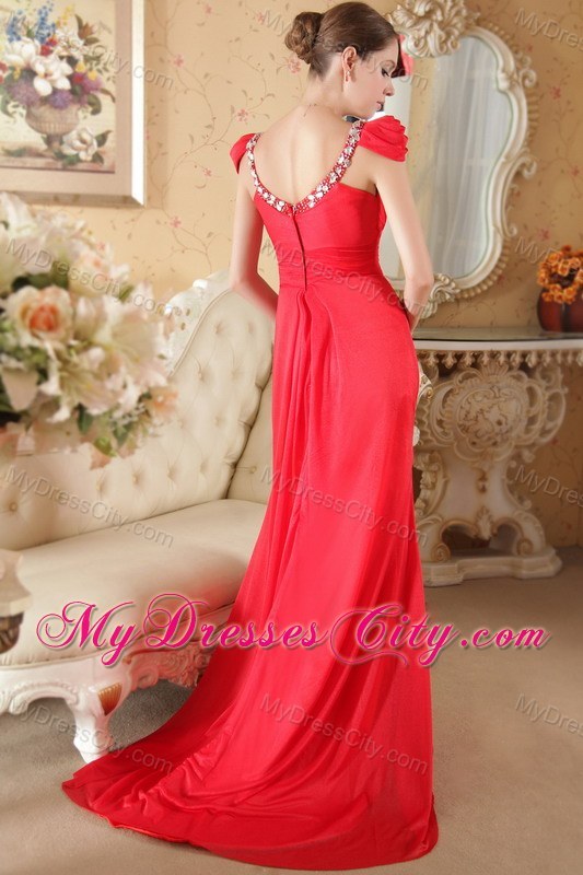 Red Scoop Chiffon Beaded Prom Dress with Cap sleeves