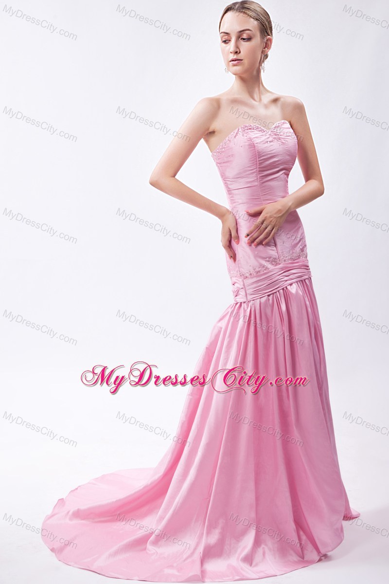 Beaded Mermaid Pink Sweetheart Prom Dress with Train