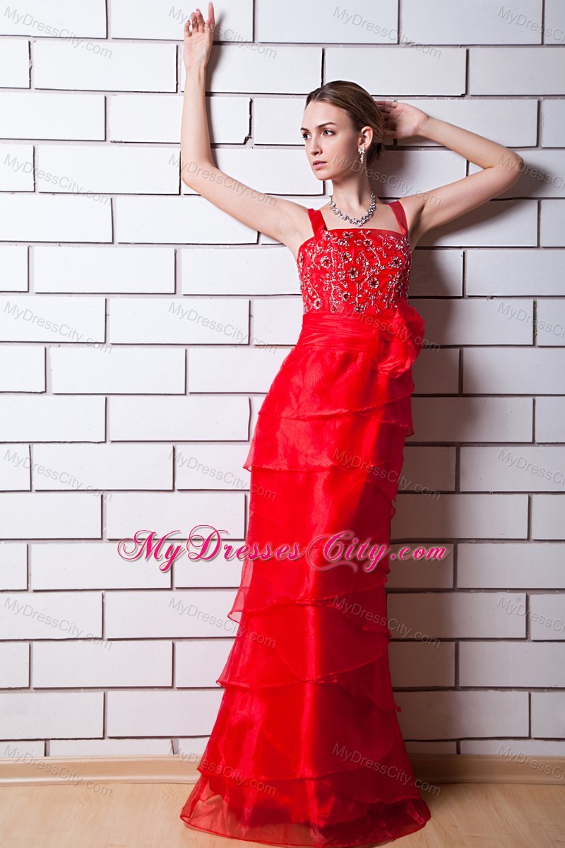 Red Slinky Straps Ruffled Organza Beading Prom Dress