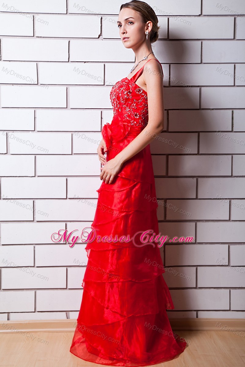 Red Slinky Straps Ruffled Organza Beading Prom Dress