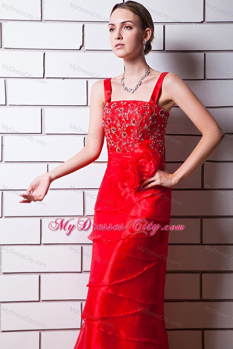 Red Slinky Straps Ruffled Organza Beading Prom Dress