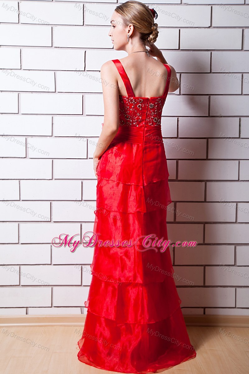 Red Slinky Straps Ruffled Organza Beading Prom Dress