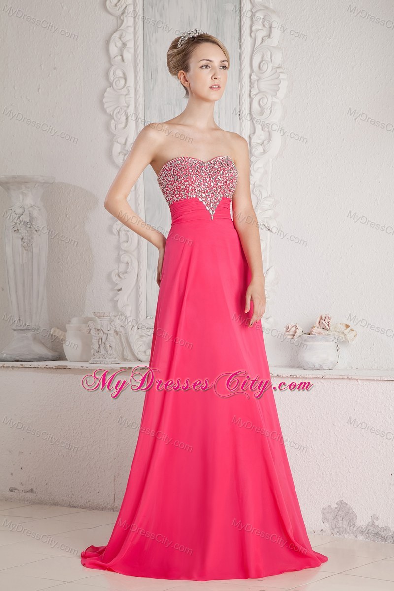 Hot Pink Long Empire Sweetheart Beaded Prom Dress