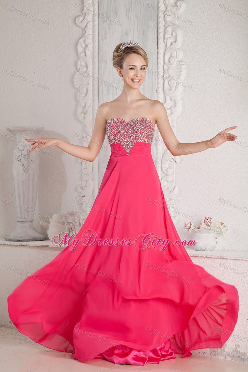 Hot Pink Long Empire Sweetheart Beaded Prom Dress