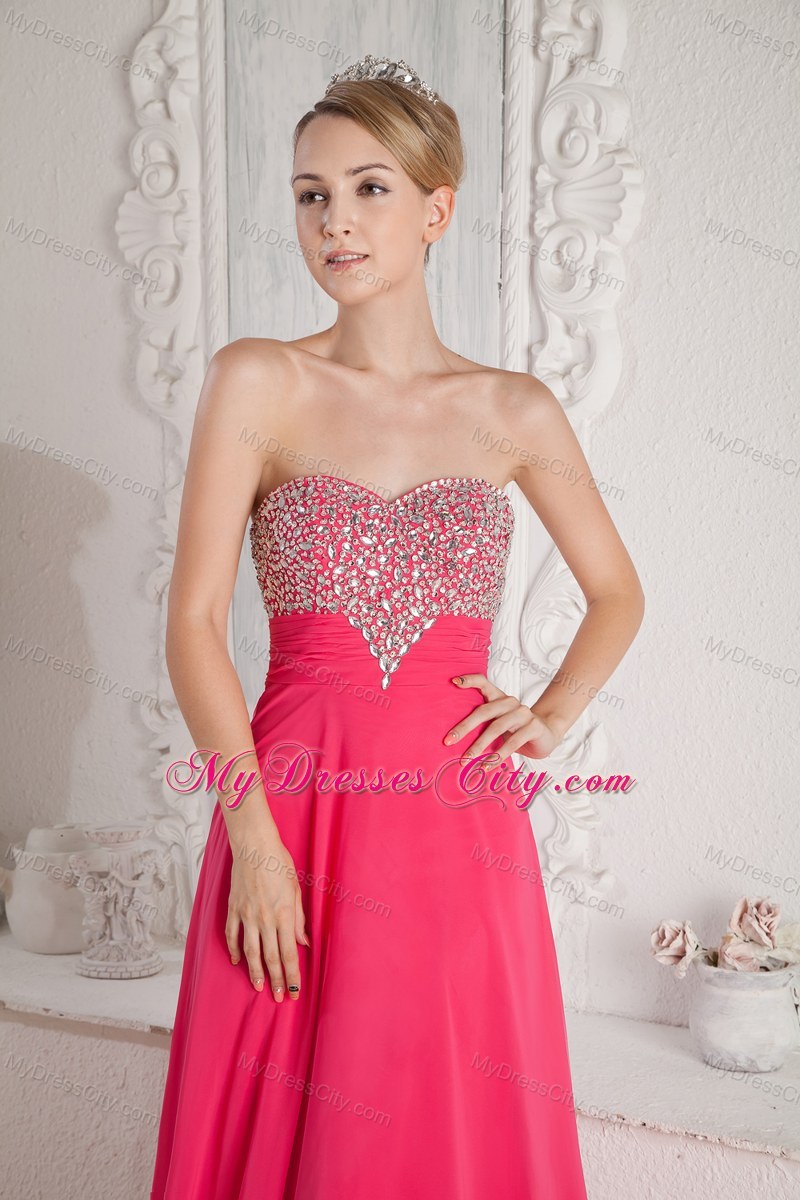 Hot Pink Long Empire Sweetheart Beaded Prom Dress