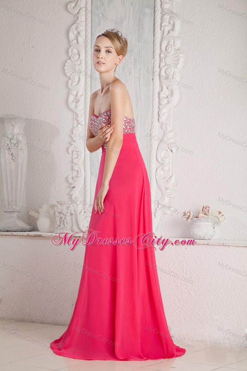 Hot Pink Long Empire Sweetheart Beaded Prom Dress