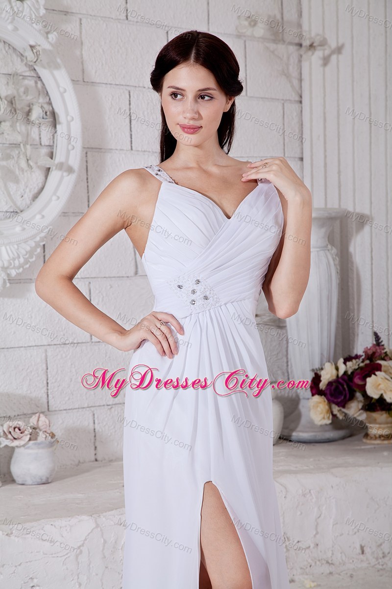 Long White Chiffon Straps Empire Prom Dress with Slit