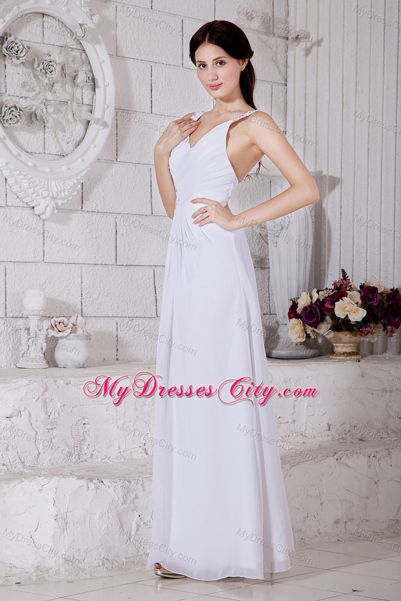 Long White Chiffon Straps Empire Prom Dress with Slit