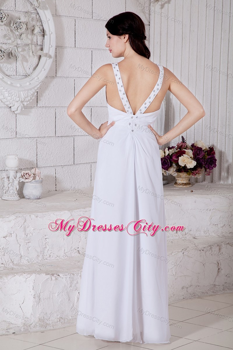 Long White Chiffon Straps Empire Prom Dress with Slit