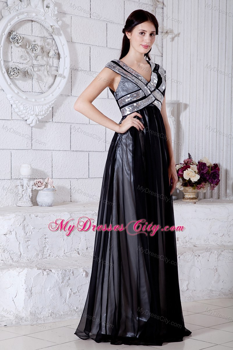 Black Empire Sequined V-neck Chiffon Prom Party Dress