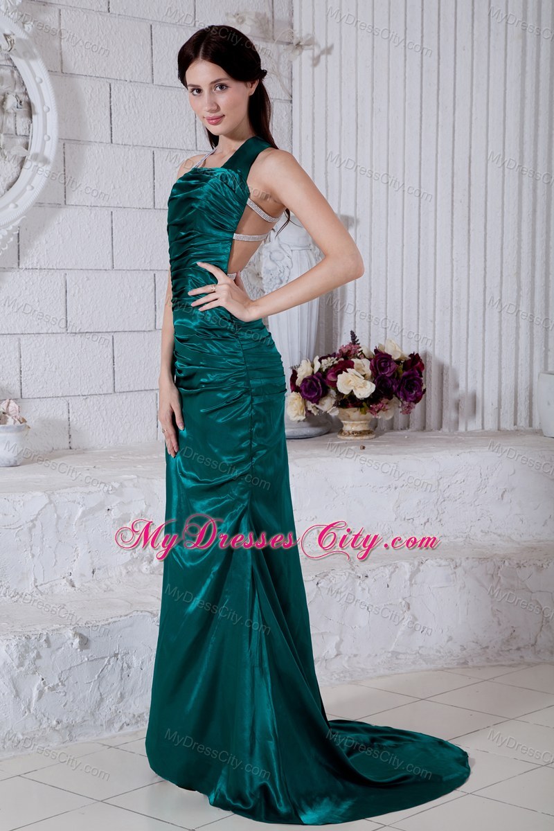 Teal Ruched Straps Prom Gown with Taffeta Brush Train