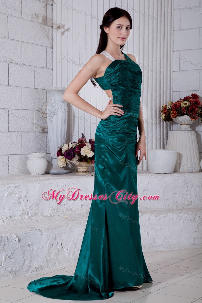 Teal Ruched Straps Prom Gown with Taffeta Brush Train