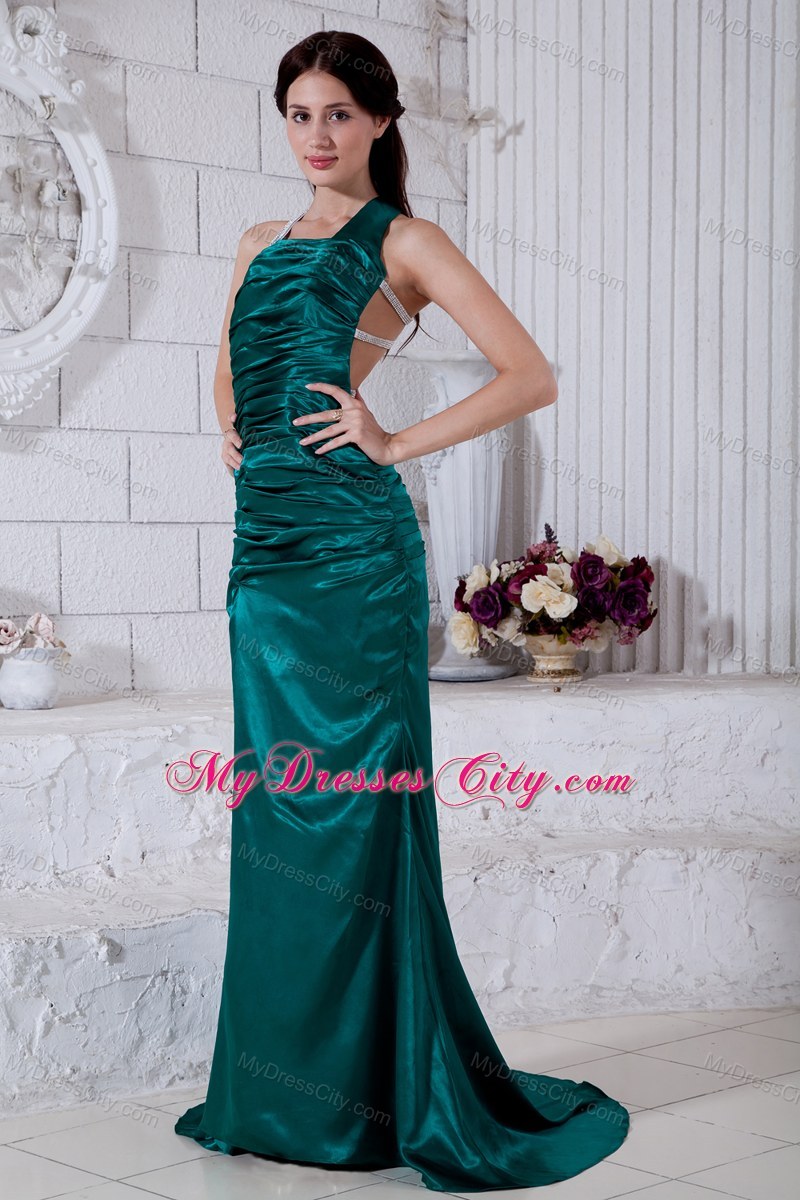 Teal Ruched Straps Prom Gown with Taffeta Brush Train