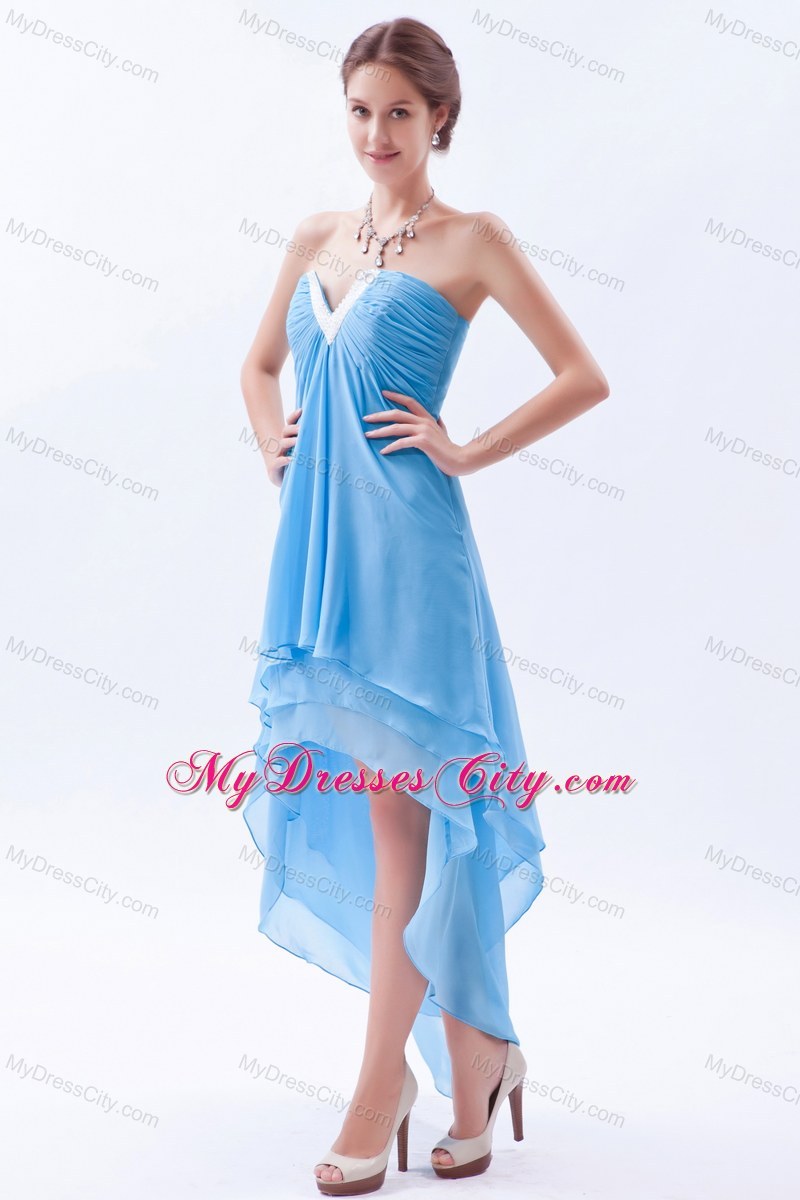 Blue V-neck High-low Prom Dress with Soft Chiffon