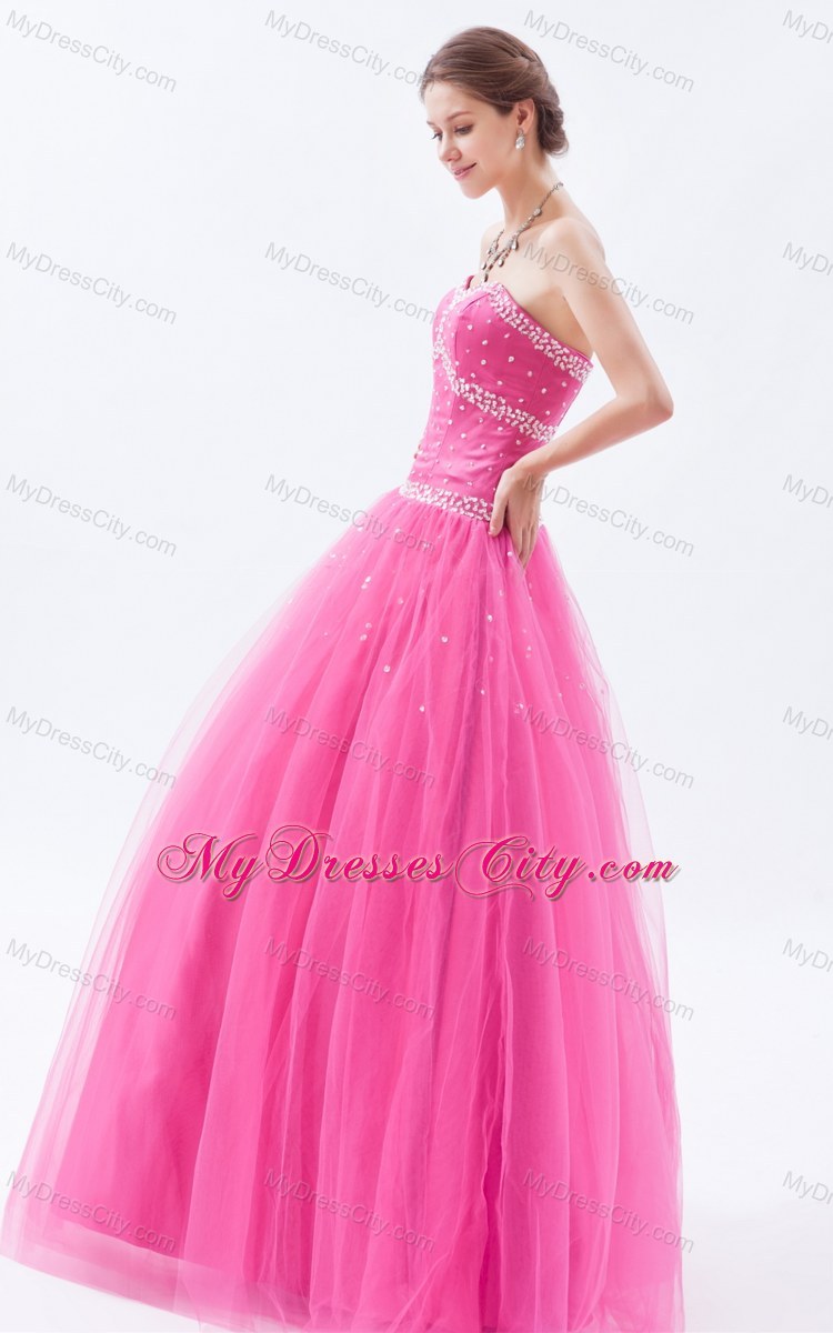 Beaded Hot Pink A-line Sweetheart Prom Dress with Tulle