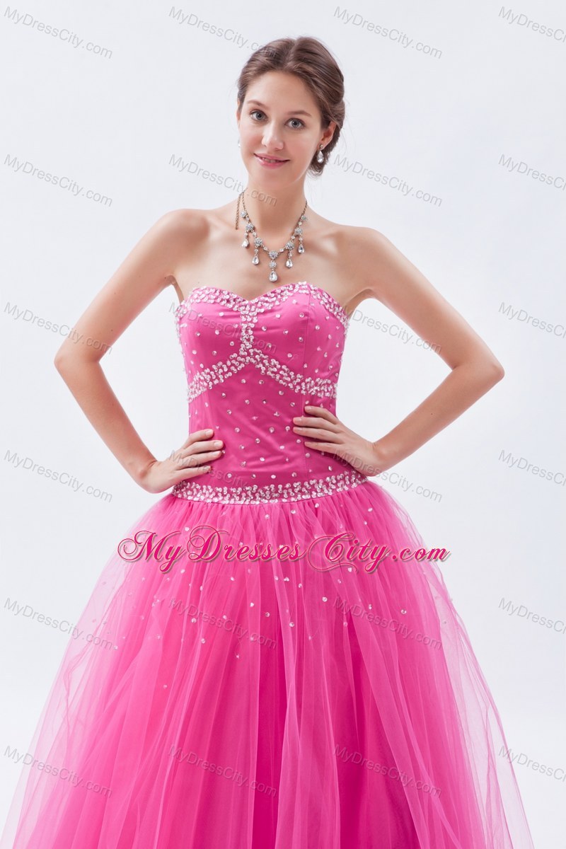 Beaded Hot Pink A-line Sweetheart Prom Dress with Tulle