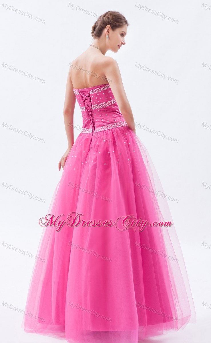 Beaded Hot Pink A-line Sweetheart Prom Dress with Tulle