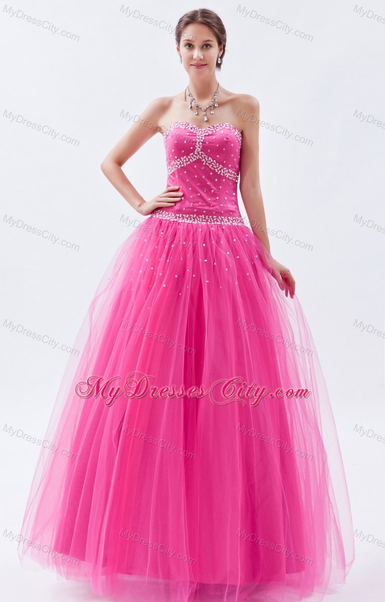 Beaded Hot Pink A-line Sweetheart Prom Dress with Tulle