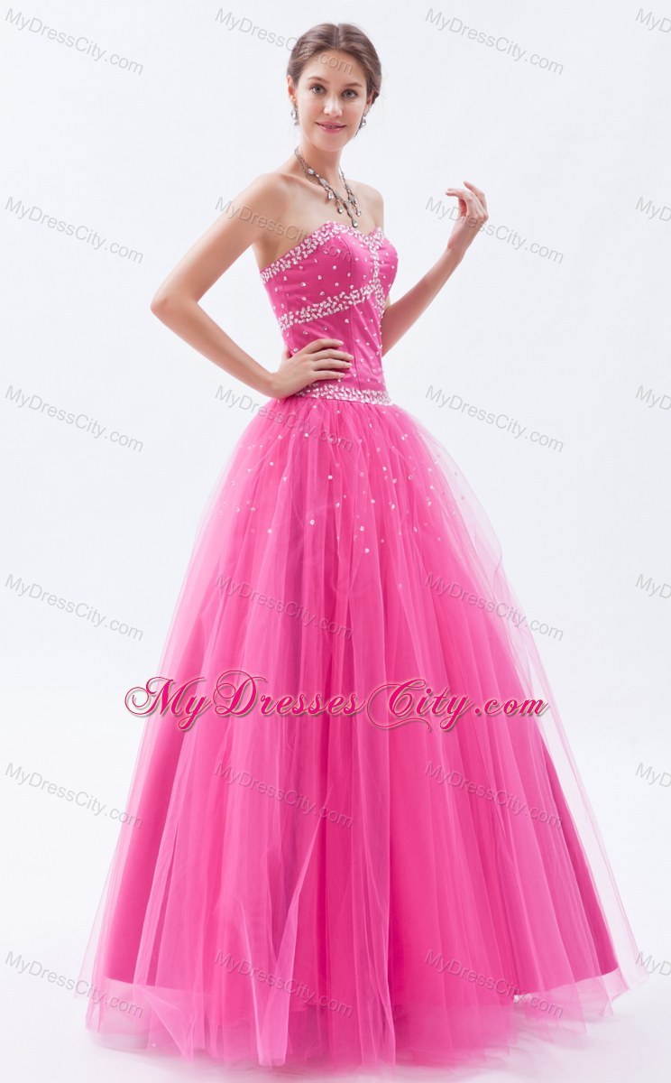 Beaded Hot Pink A-line Sweetheart Prom Dress with Tulle