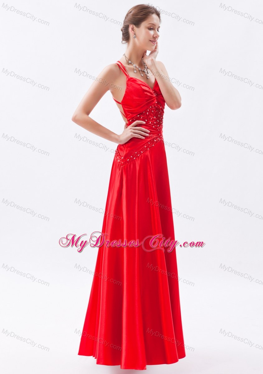 Red Spaghetti Straps Appliques Taffeta Evening Dress