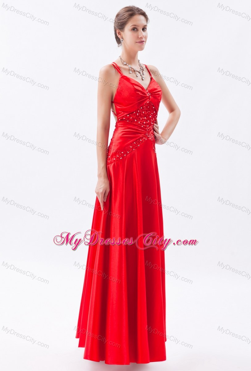 Red Spaghetti Straps Appliques Taffeta Evening Dress