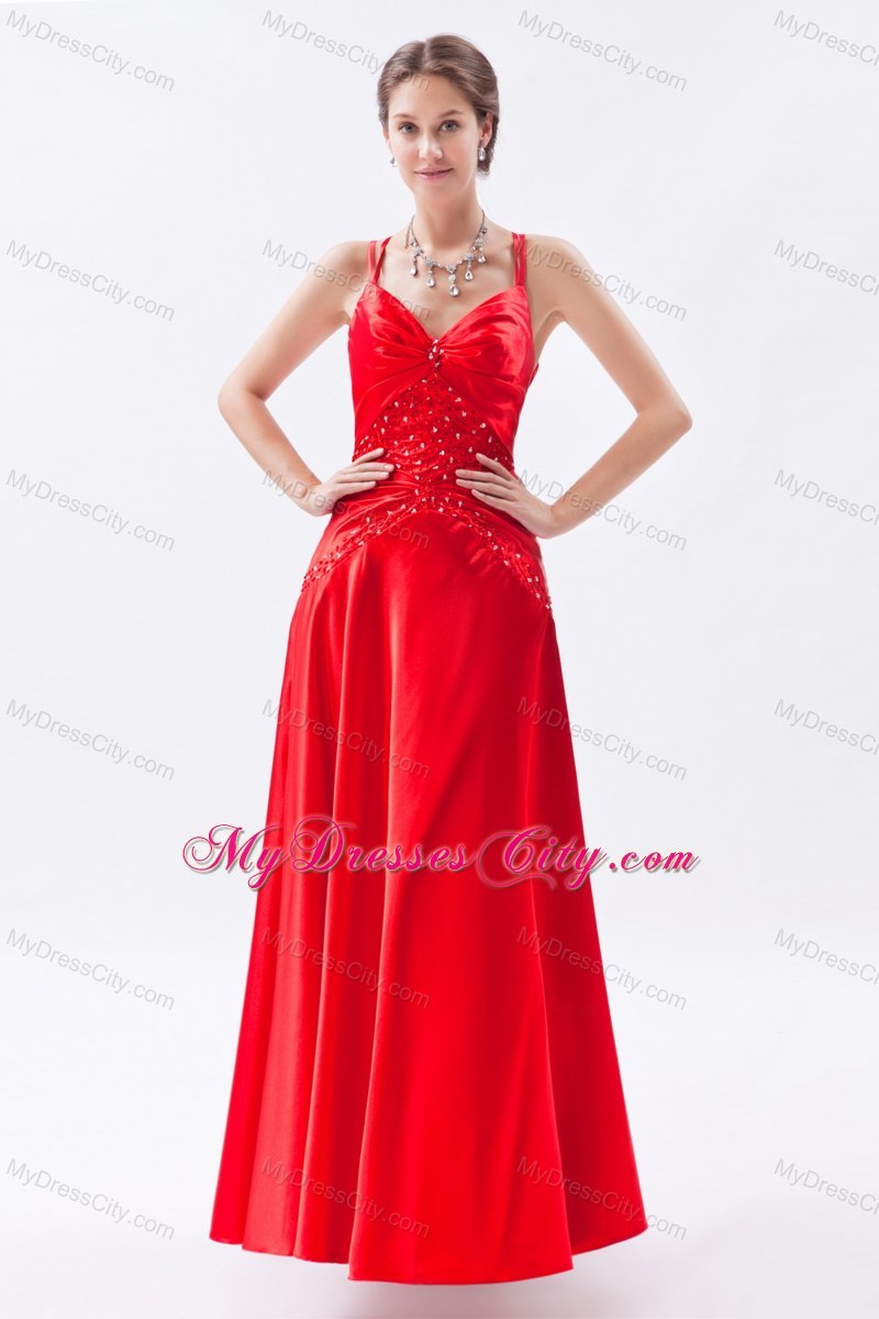 Red Spaghetti Straps Appliques Taffeta Evening Dress