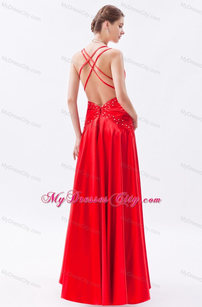 Red Spaghetti Straps Appliques Taffeta Evening Dress