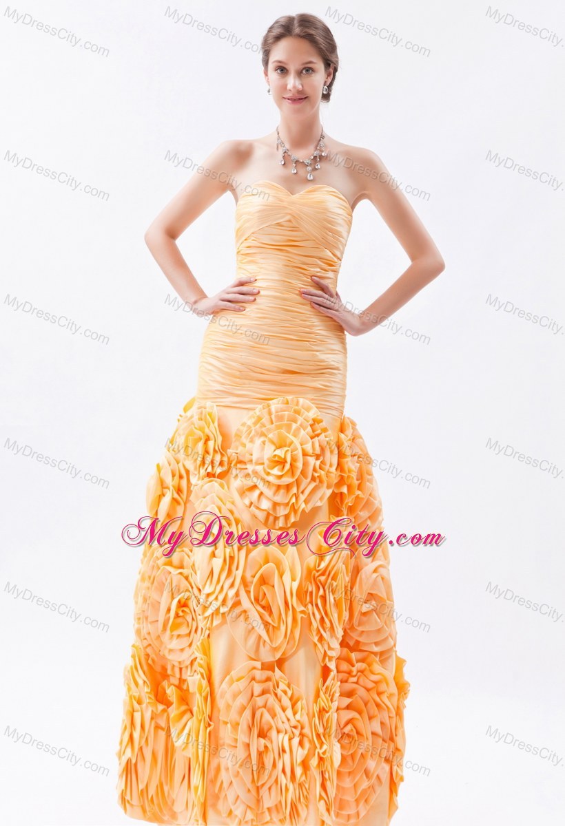 Ruched Orange Mermaid Sweetheart Flower Prom Dress