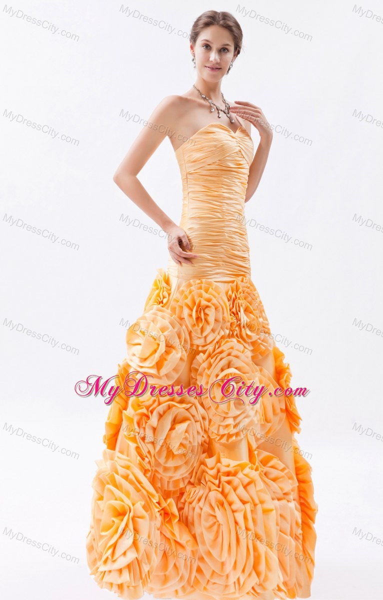 Ruched Orange Mermaid Sweetheart Flower Prom Dress