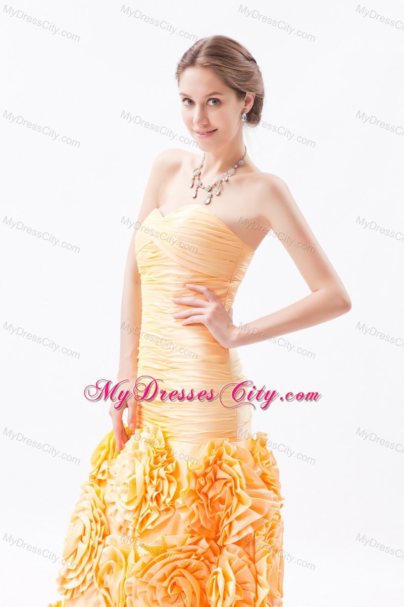 Ruched Orange Mermaid Sweetheart Flower Prom Dress