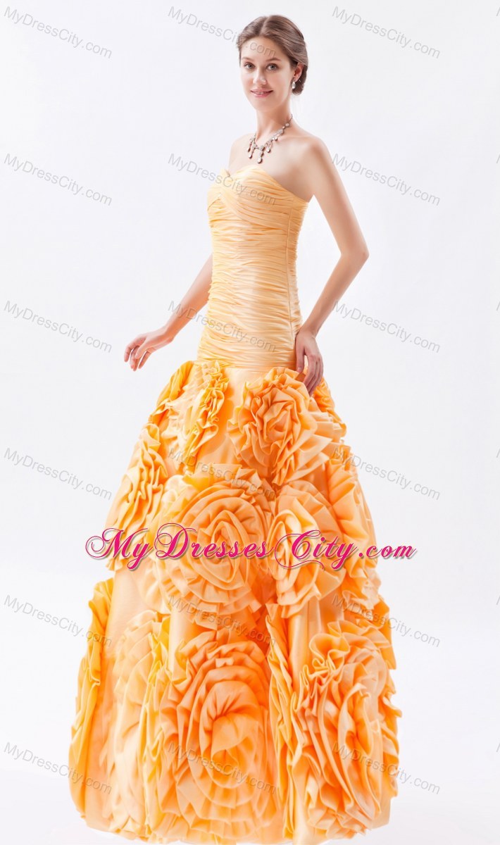 Ruched Orange Mermaid Sweetheart Flower Prom Dress