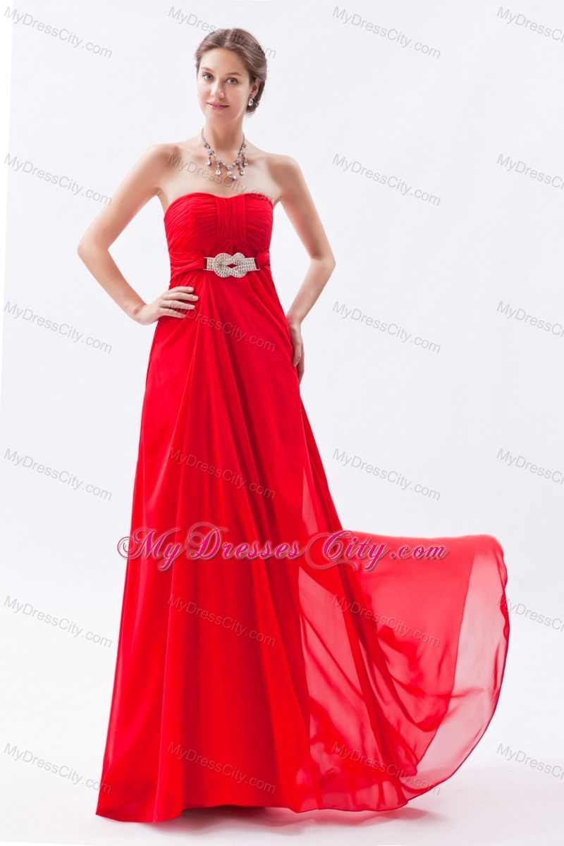 Red Strapless 2013 Empire Chiffon Prom Dress Beaded