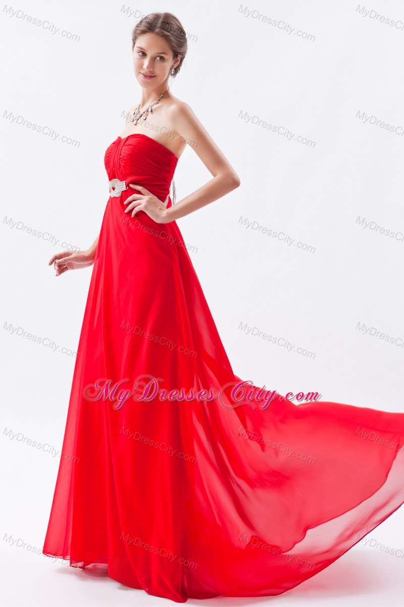 Red Strapless 2013 Empire Chiffon Prom Dress Beaded